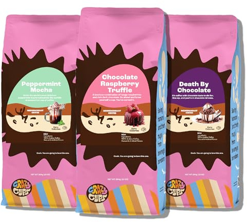 Crazy Cups Chocolate Lovers Ground Coffee Variety Pack, 3 Flavors: Death By Chocolate, Peppermint Mocha, Raspberry - 10 oz Bags, Pack of 3