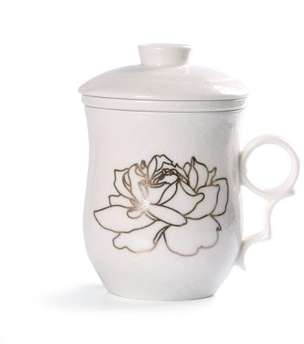 GOARTEA Porcelain Tea Infuser Mug with Lid - 300ml Ceramic Tea Cup, Handmade Peony Flower Pattern, Loose Leaf Tea Brewing Mug with Removable Filter, Microwave & Dishwasher Safe (Golden Peony)