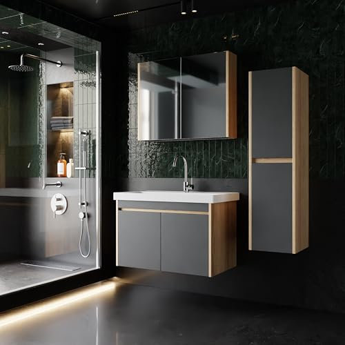 Badmöbel Set in 80 cm Breite Dallas | 4er Badezimmermöbelset Farbe: Eiche & Anthrazit | Waschtischunterschrank, Spiegelschrank, Hochschrank und Waschbecken | Waschtisch mit Unterschrank in 80 hängend