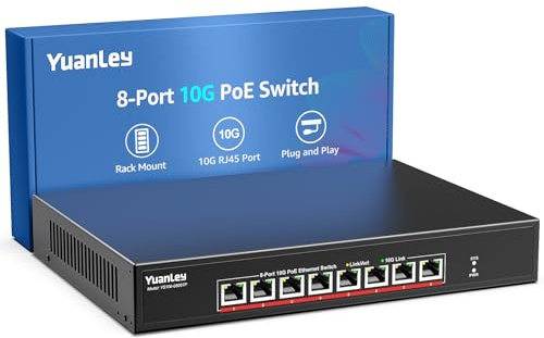 YuanLey 10G Switch PoE 8 Port Non Géré, 8 x 10G Base-T PoE Ports, IEEE802.3af/at, Alimentation Intégrée 110W, Compatible avec 1G/2,5G/5G/10G, Montage en Rack/Mur Commutateur Réseau 10Gbe Métal