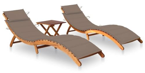 Keyroto Sonnenliege 2 Personen Holz Doppelliege Outdoor Gartenliege wetterfest Liegestuhl Holz Liegestuhl klappbar Holz Holzliegen Outdoor Massivholz Akazie-Taupe-2 Sonnenliegen mit Tisch