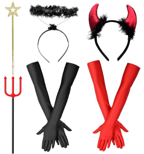 Costume da Diavolo da Donna e Ragazza, 6 Pezzi, Set da 3 Pezzi, Accessori per Halloween, Guanti, Per Carnevale e Cosplay