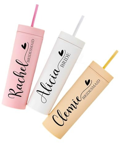 Vaso personalizado mate de 16 onzas con pajilla, taza de agua para novia y novio, vaso acrílico delgado personalizado, regalo de fiesta de dama de honor, tazas personalizadas con tapas y pajitas (2