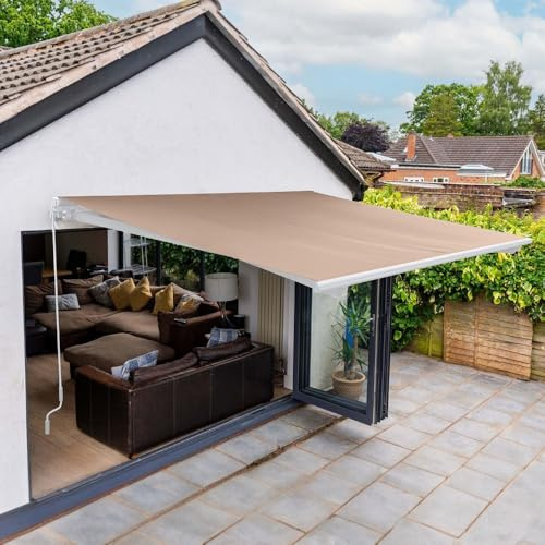 JSH 2.5 x 2m Manual Awning Garden Patio Canopy Sun Shade Shelter Retractable | DIY Complete With Fittings & Crank Handle | Beige