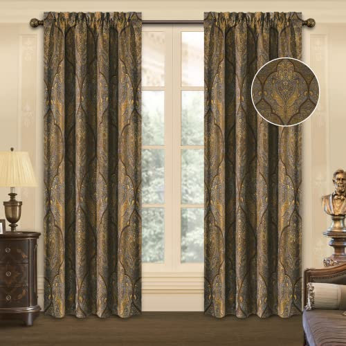 Loom and Mill Luxuriöse Jacquard-Vorhänge für Schlafzimmer, klassisch, antik gefüttert, Damast-Vorhänge, 2 Paneele mit Raffhaltern, Bronze-Gold, Fenstervorhang für Wohnzimmer, Urlaub, Bankett, Dekor