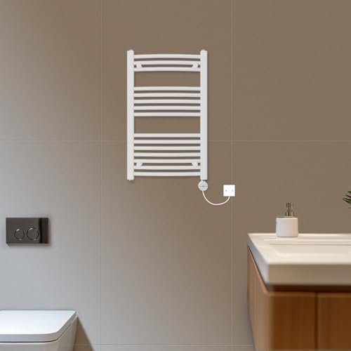 NRG 800x500mm Prefilled Electric Thermostatic Heated Towel Rail Curved Bathroom Warmer with Touch Screen Display Wall Mounted White 400W