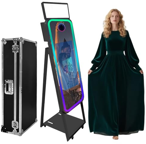 Photomaton magique à miroir avec étui de vol, appareil photo portable à écran tactile avec anneau lumineux, cadre LED RVB pour événements, location, mariages, fêtes (noir + style B, appareil
