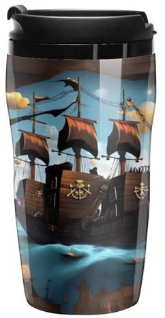 Stanley-Kaffeetasse mit Deckel, 340 ml, Kunststoffbecher, versiegelter Trinkdeckel, Wasserbecher, Teetasse, Cartoon-Schiff, bedruckte Tassen, passt in Auto-Becherhalter