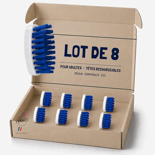 EHOP Lot de 8 Têtes de Brosse à Dents Rechargeables Compatibles | Bleu | Convient aux Adultes | Poils Medium | Fabriqué en France | Dentaire Écologique | Hygiène bucco-dentaire optimale