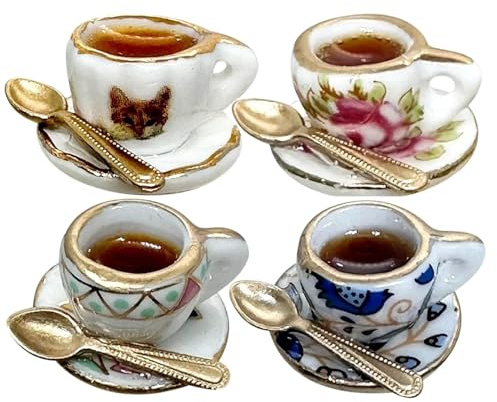 4Pcs Tea Cup Door Hinge Heads Decorative Topper, Magnetic Miniature Delicate Tea Cup Door Hinge Topper, Vintage Teacup and Teaspoon Door Hinge Pin Topper for Unique Home Kitchen Decor