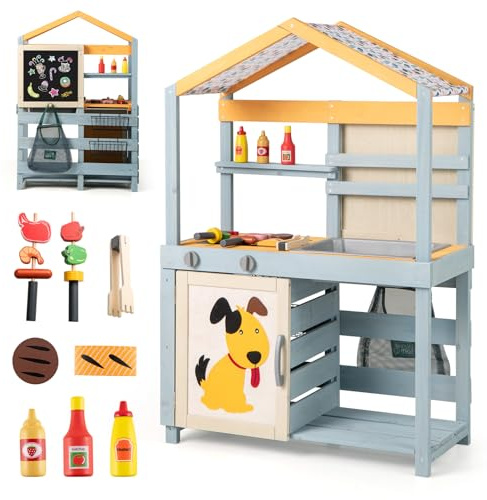 GOPLUS 2 in 1 Matschküche Outdoor, doppelseitige Spielküche für Kinder mit Tafel, Grill, Backofen, Vordach & Grillzubehörteile, Kinderküche Holz für Mädchen und Jungen ab 3 Jahren