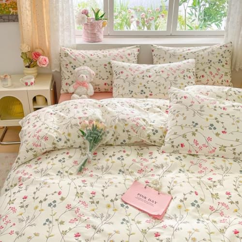 Covebett Bettwäsche Set 135x200 2teilig Baumwolle Beige Rosa Blumen Vintage