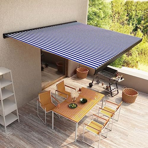 Gecheer Tenda da Sole Retrattile Motorizzata 400x300 cm Blu e Bianco, Tessuto Poliestere con Rivestimento in PU