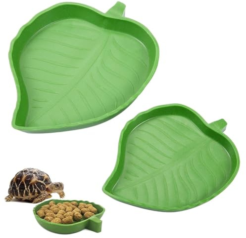2 Pcs Tortoise Water Bowl, Food Bowl, Leaf Shape Crawl Pet Food Water Feeder, Shallow Flat Reptile Dish for Tortoise, Bearded Dragon, Lizard, Gecko, Cute Leaf and Mango Shape, 2 Sizes Feeding Tray