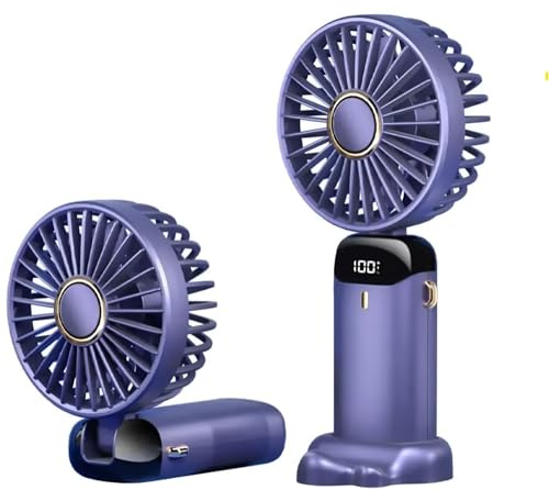 Portable Handheld Fan Rechargeable – Mini USB Folding Personal Fan with LED Display, Quiet Battery Operated Travel Fan for Desk, Outdoor, Camping, Festival Essentials – Purple
