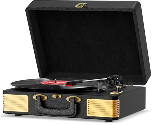 Tocadiscos de Vinilo, FYDEE Tocadiscos Bluetooth Vintage de Cuero con 3 Velocidades (33/45/78 RPM), 2 Altavoces Integrados, Reproductor de Vinilo con Entrada para Auriculares, RCA, Negro Profundo