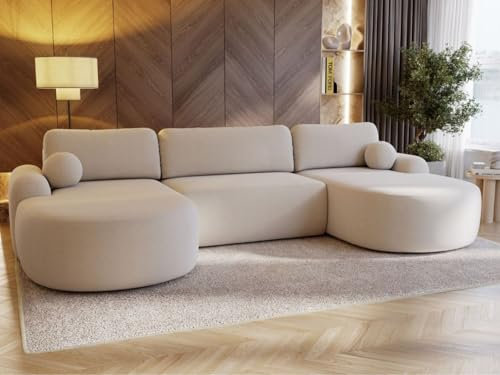 GRAINGOLD Aurio Ecksofa mit Schlaffunktion & Bettkasten 377x177 cm, U-Form Sofa mit Stauraum, Schlafcouch für Wohnzimmer, Bouclé-Stoff, 5-Sitzer Wohnlandschaft, Modernes Design (Creme)