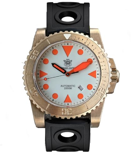 Steeldive NH35 Professionelle Taucheruhr, automatisch, 2000 m wasserdicht, bronzefarbenes Gehäuse mit schwarzem, orangefarbenem Kautschukarmband