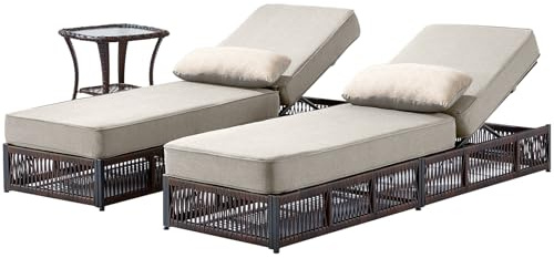 ACTREST Luxury Outdoor Chaise Lounge Chairs of 2 with 5 Inch Thick Cushions and Side Table - 3 PCS High Back Brown Wicker Rattan Patio Recliners Lounger Furniture Set for Poolside Sunbathing - Beige