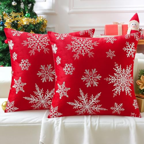 Brylleii 2er Set Kissenbezug Weihnachts 50x50 Weiß Silber Schneeflocke Kissen Weihnachten Rot Kissenbezüge Weiche Samt Kissenhülle Winter Zierkissen Sofakissen Dekokissen für Sofakissen Wohnzimmer