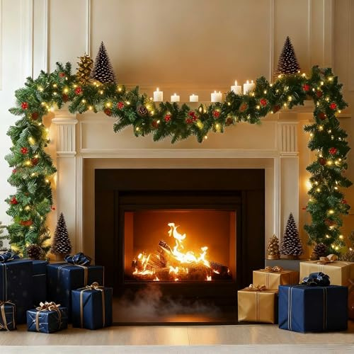 6FT/1.8M Christmas Garland with Lights,Xmas Garland with Pines&Berries for Fireplace Stair Front Door Table Porch Arch Mantle Garden Gate Staircase,Light Up Pre Lit Artificial Home Outdoor Decoration
