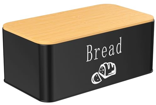 Amdoticknpf Portapane, Cassetta per Pane, 2 in 1 Portapane in Metallo con Coperchio in Bambù, Può Essere Utilizzato Come Tagliere, per Una Freschezza Duratura, 33x18,4x13cm (Nero)