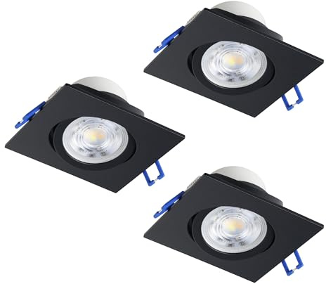 Eglo Set da 3 faretti da incasso Saliceto, spot da soffitto | dimmerabili, quadrati in alluminio nero, luce calda, 8,8 x 8,8 cm