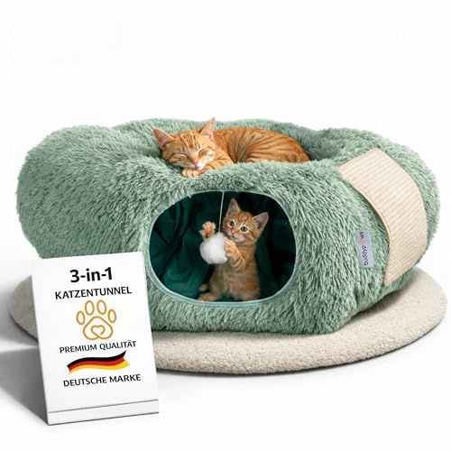 buddypaws® Katzentunnel 3-in-1 | Plüsch Katzenbett & Sisal Kratzmatte | Waschbar & stabil | Als Katzenhöhle, Katzenkorb & Spielzeug nutzbar | Weiches Plüsch | Für alle Katzen