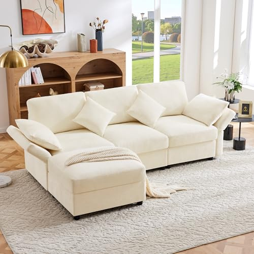 Mrwoo Sofá Cama Convertible de 3 Plazas, Sofa Esquinero en Forma de L con Reposapiés, 4 Cojines, Reposabrazos Ajustables, Adecuado para Salón, etc, Chenille, Color Beige