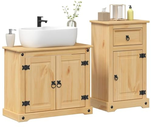 HaoChrymec Set di Mobili da Bagno in Pino Massiccio con Finitura Miele, Design Rustico Moderno, Mobile Bagno Completo con Lavabo e Armadietto, Set Mobili Bagno Salvaspazio, 2 Pezzi