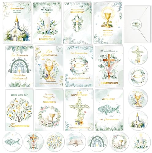 HOWAF 12 Cartes de Communion avec Autocollants Enveloppes Eucalyptus pour Cadeau de Communion