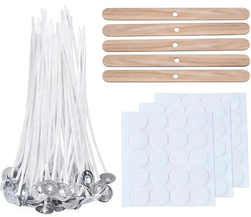 Candle Wicks for Making Candles 20cm Long 100 Pcs White | Cotton, Ideal for family craft projects and DIY, Easy to use,Includes 10 Wick Holders and 3 Sheets Dot Stickers