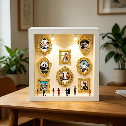 DIY Mini Museum Silhouette Box Foto Recordatorio Set, Personalized DIY Photo Family Memory Display Case with 8 Mini Figurines & Minis Gold Frames con LED, para Aniversario, Boda, decoración del hogar