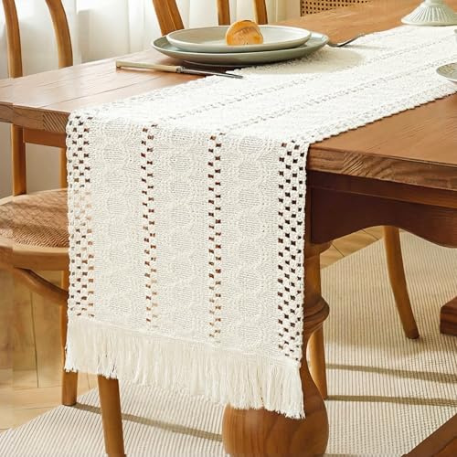 Becellen Beige Tischläufer Boho, Baumwolle und Leinen Tischläufer Makramee Hitzebeständig Abwaschbar Küche Esstisch Tisch Dekoration für Hochzeiten Drinnen Urlaub Dekor