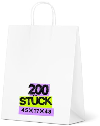 Inoverse 200 Stück Papiertüten mit Henkel 45+17x48 cm – stabile Kraftpapiertüten Weiß mit Papierkordel, Geschenktüten & Papiertragetaschen für Einkauf, Geschenk, Party & DIY