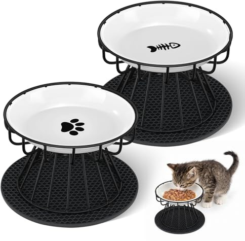 DESPOINA 2er Set Katzennapf erhöht, Erhöhter Futternapf Katze aus Keramik mit Metallständer und Silikonschale, Futter- und Wassernapf, Ergonomische Katzenschüssel zum Schutz des Nackens