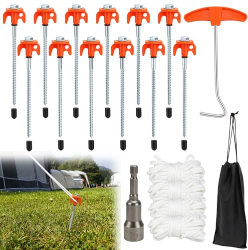 HZOUHONG Zeltheringe zum Schrauben 12 Stück Schraubheringe Camping 20 cm | Tellerkopfschrauben Camping Schrauben, Heringe Schrauben mit Steckschlüssel, Herauszieher für Harte Böden, Sand, Felsen