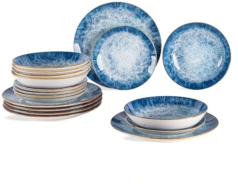 Set 18 Piatti in Porcellana Colorati Servizio Tavola Moderno 6 Persone Piatti Piani Ø27 cm, Fondi Ø20 cm e Dessert Ø19 cm Lavastoviglie e Microonde Certificati per Contatto Alimentare - Blu
