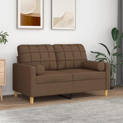 Kaloriko Sofá de 2 plazas marrón con cojines decorativos de 120 cm de tela para salón, oficina, habitación de invitados, cómodo conjunto de tapicería con estructura de metal resistente y fundas de