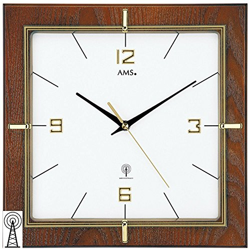 AMS 5834 Wanduhr Eckig Nussbaum Lackiert mit Funkwerk Weißes Zifferblatt Goldfarbene Zeiger