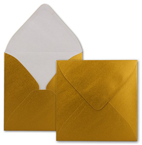 50x Quadratische Briefumschläge in Gold Metallic - 15,5 x 15,5 cm - ohne Fenster, mit Nassklebung - 110 g/m² - Für Einladungskarten zu Hochzeit, Geburtstag und mehr - Serie FarbenFroh
