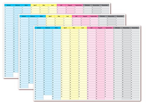 3 Stück Wandkalender immerwährend nass abwischbar Jahresplaner Dauerkalender extra groß DIN B1 Format 100x70 cm, durch sein zeitloses Layout ist der Kalender jedes Jahr wieder verwendbar - ewiger jahresunabhängiger Kalender