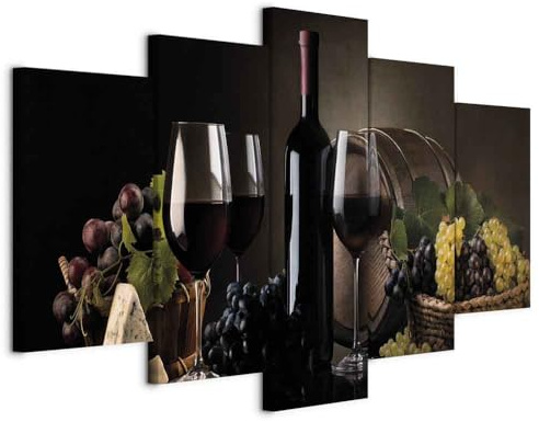 B&D XXL - Quadri Moderni Camera da Letto Matrimoniale, Vino Uva, 100x50 cm | Chiodi Inclusi, 5 Pezzi, Quadro Moderno, Stampa su Tela, Componibili, Resistenti Allo Sbiadimento, Produzione Europea