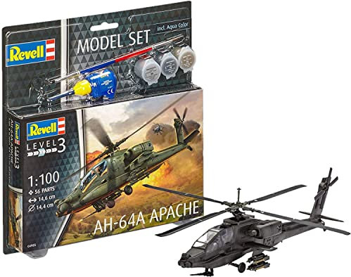 Revell Model Set 64985 AH-64A Apache 1:100 Scale Unbuilt/Unpainted Plastic Model Kit with Contacta Professional Glue, Paintbrush & Selected Aqua Color Paints
