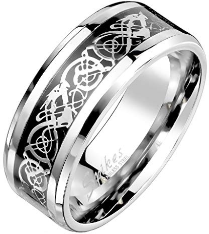Paula & Fritz® Herrenring schwarzes Band keltischer Drachenstahl Freundschafts-Ring Damen-Ring Verlobungs-Ring Partnerring Edelstahl Chirurgenstahl 316L Größen 60 (19) – 69 (22)