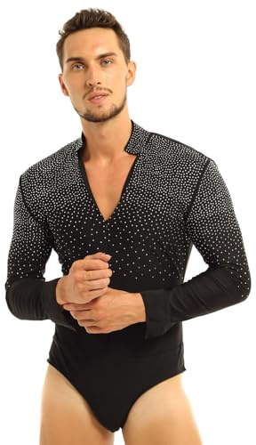 MSemis Herren Langarm Body Latein Hemd Jazz Tango Glitzer Shiny Tanz Kostüm Freizeit Hemd mit Reißverschluss Stretch Bodysuit Turnanzug Schwarz M