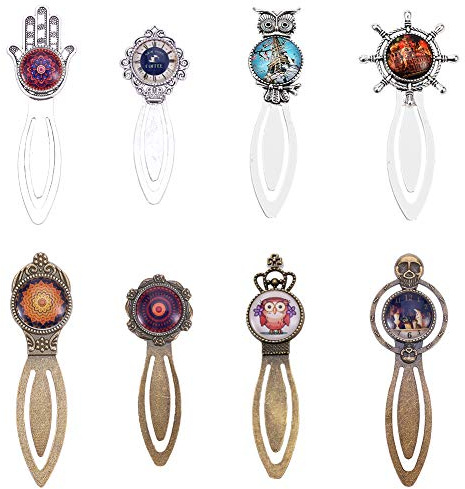 SUNNYCLUE 16 Stück 2 Farben Eule Hamsa Hand Lesezeichen Anhänger Tablett Kit Enthalten 8 Stück Metall Cabochon Lesezeichen Leer & 8 Stück Ovale Runde Klarglas Cabochon, Bleifrei Und Cadmium Frei