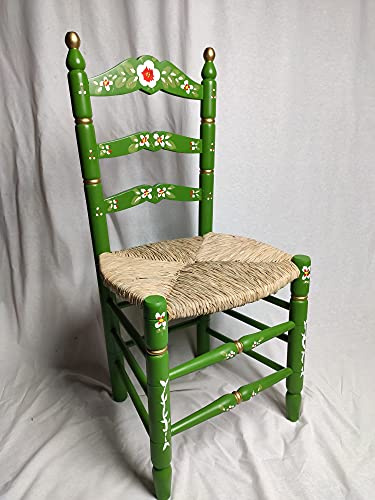 Sillas y Mesas Peña Silla Decorada Estilo Sevillano. Asiento Tejido a Mano con Enea Natural. Ancho: 45cm / Fondo: 40cm Altura Asiento: 45cm / Altura Respaldo: 96cm