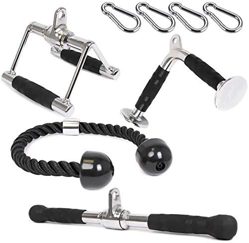 Cable Attachments for Gym, Lat Pulldown Attachments, Cable Pulley Attachments, Cable Machine Accessories for Home Gym, Tricep Rope, V Bar(V Handle + Tricep Rope + V-Shaped + Rotating Bar)