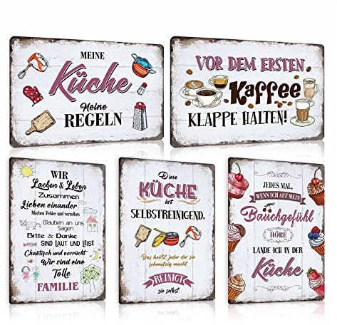5er Set Retro Blechschild Küche mit Lustig Spruch - DIESE KÜCHE IST SELBSTREINIGEND - Vintage Metallschild Wand-schild Küchen-deko als Geschenk und Familie Schild 20x30cm